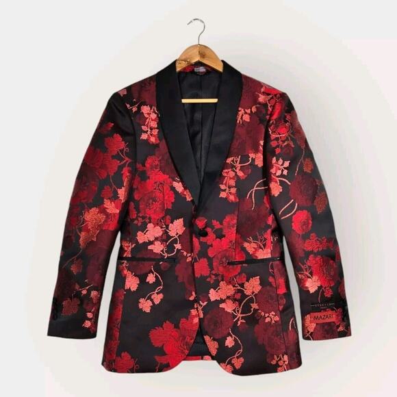 Mazari Tuxedo Jacket & Bowtie Sz S Black Red Floral Formal Holiday Evening - Picture 1 of 16